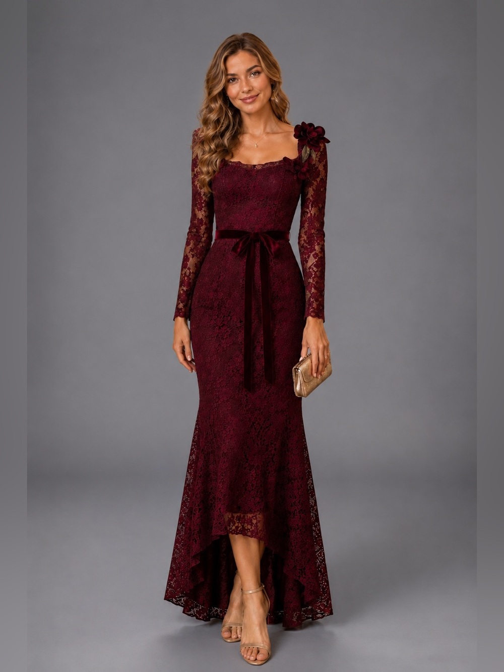 NWT Muse by Marchesa Cypress Corded Lace Floral Applique Sweetheart Maxi Dress 8